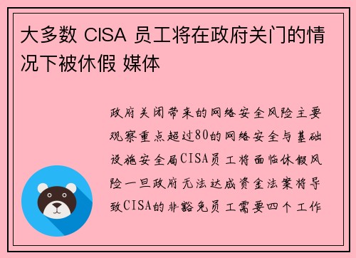 大多数 CISA 员工将在政府关门的情况下被休假 媒体